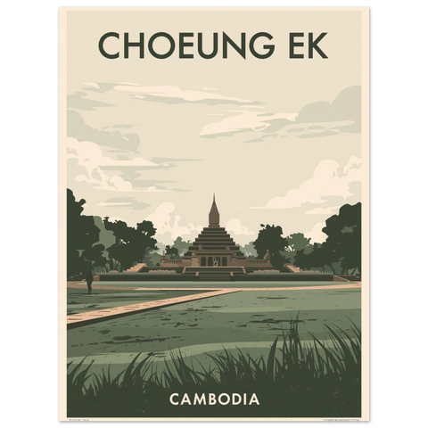 Illustration av Choeung Ek monumentet i Kambodja med en symmetrisk gångstig, träd och beige himmel.