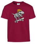 Vinröd barn-t-shirt med en T-Rex i gul mössa på skateboard.