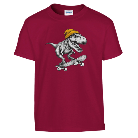 Vinröd barn-t-shirt med en T-Rex i gul mössa på skateboard.