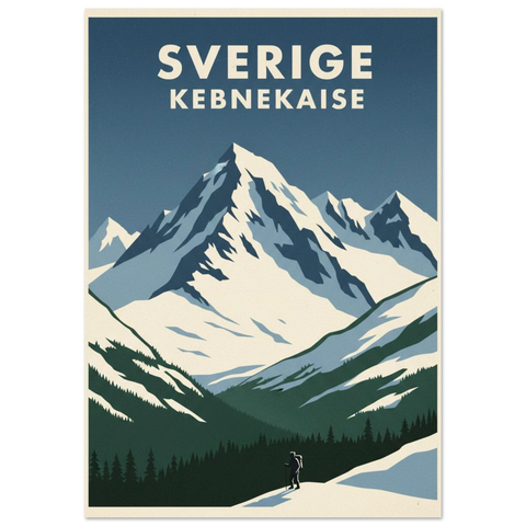 Retro illustration av Kebnekaise med snötäckta bergstoppar, grön granskog och en vandrare under en blå himmel.