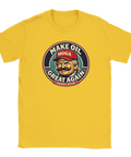 Trump-karikatyr med mustasch och baseballkeps, "Make Oil Great Again" på gul t-shirt, retrostil.