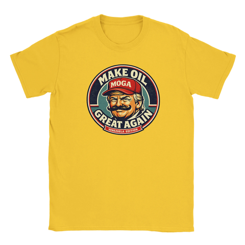 Trump-karikatyr med mustasch och baseballkeps, "Make Oil Great Again" på gul t-shirt, retrostil.
