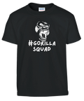 Vrålande gorilla-huvud och text "#GORILLA SQUAD" på svart barntröja.