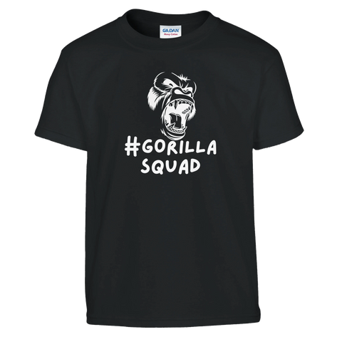 Vrålande gorilla-huvud och text "#GORILLA SQUAD" på svart barntröja.