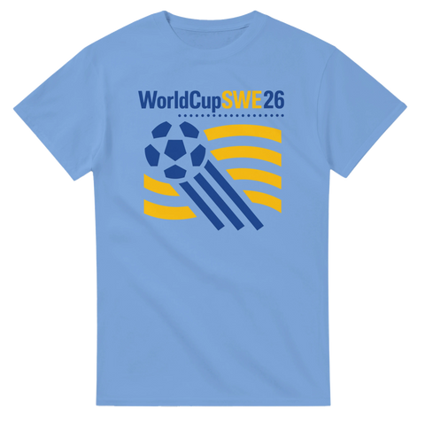 Blågult mästerskapsmotiv med vågiga linjer och fotboll – grafisk t-shirt design