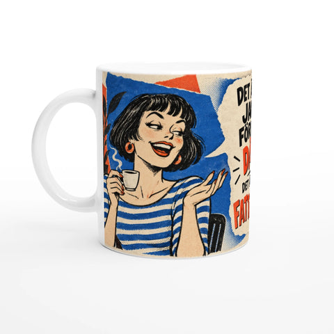 Pop art illustration av leende kvinna i randig tröja på keramikmugg