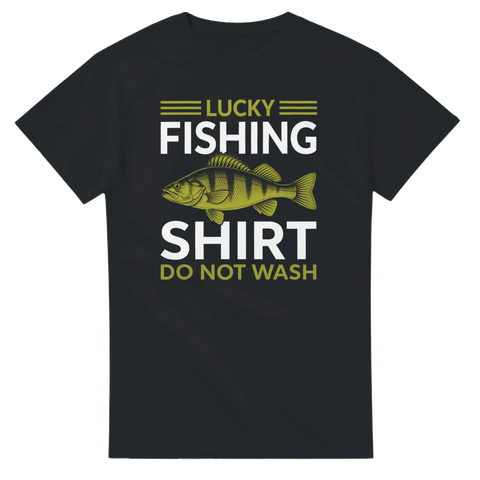 Grafiskt tryck av en abborre med texten Lucky Fishing Shirt Do Not Wash