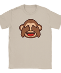 Apan som håller för ögonen emoji, "hehe, oj" motiv på beige t-shirt.
