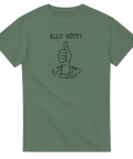 Allt gött!" text med tumme upp som drunknar, svart tryck på grön t-shirt.