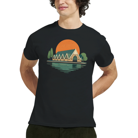 Feskekörka-motiv i retrostil med solnedgång & vatten på svart t-shirt.