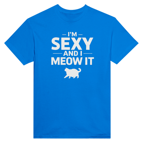 I'm Sexy and I Meow It" texttryck med kattmotiv på en blå t-shirt.