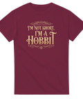 Vinröd fantasy t-shirt med dekorativ bokinspirerad typografi i guld