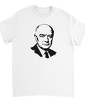 Minimalistiskt grafiskt porträtt av Per Albin Hansson på vit t-shirt