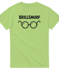 Minimalistiskt glasögonmotiv med texten Brillsmurf på limegrön t-shirt