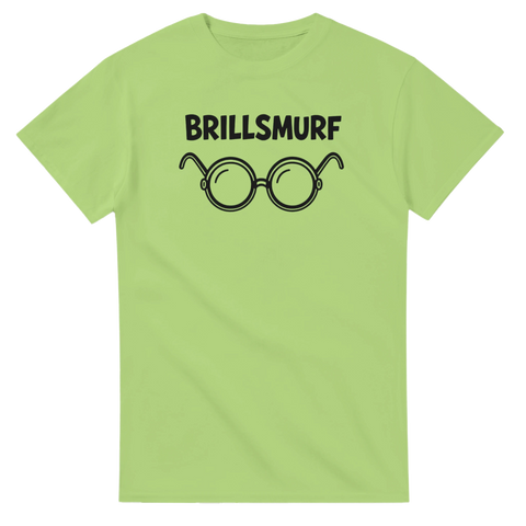 Minimalistiskt glasögonmotiv med texten Brillsmurf på limegrön t-shirt