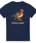 Marinblå t-shirt med lekfullt evolutionstema och illustrerad dinosaurie-kyckling