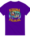 Lila t-shirt med lekfullt julmotiv föreställande tomte över Kirunas fjäll