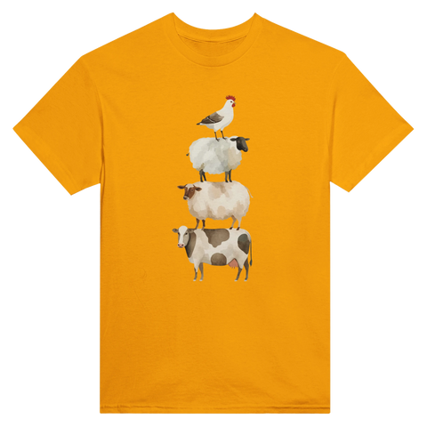 Absurd och charmig djurillustration på senapsgul t-shirt