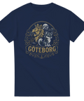 Grafiskt Göteborgsmotiv med stadssilhuett och guldiga detaljer på marinblå t-shirt
