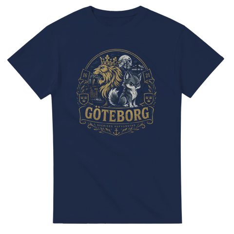 Grafiskt Göteborgsmotiv med stadssilhuett och guldiga detaljer på marinblå t-shirt