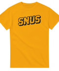 Gul t-shirt med ett tydligt och rått SNUS-texttryck