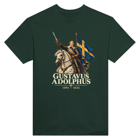 Mörkgrön t-shirt med Gustav II Adolf till häst, svensk flagga och texten ”Gustavus Adolphus”