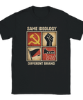 Satirisk t-shirt med fyra politiska symboler i retro propagandastil