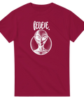 Illustration av en klassisk alien i cirkel på en vinröd t-shirt