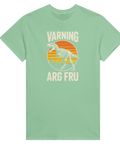 Ljusgrön t-shirt med "Varning Arg Fru" och dinosauriemotiv.