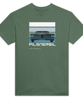 Vintage bilmotiv med texten Pilsnerbil på olivgrön t-shirt – cruising stil