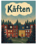Stämningsfullt motiv av röda och gula trähus i skymning med texten Käften – poster