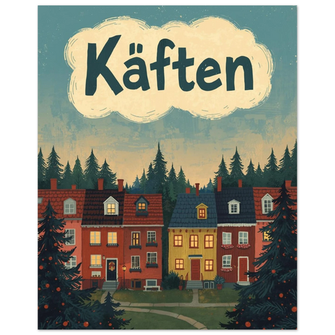 Stämningsfullt motiv av röda och gula trähus i skymning med texten Käften – poster
