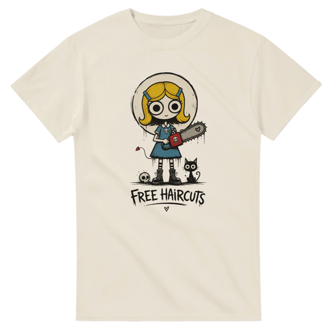 Gotisk illustration av flicka med motorsåg – grafisk t-shirt i benvitt