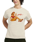 Yummy Pinup på t-shirt, avgränsad form, stark kontrast, mjuka gradienter