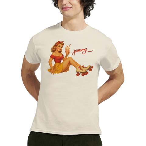 Yummy Pinup på t-shirt, avgränsad form, stark kontrast, mjuka gradienter