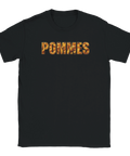 Grafiskt Pommes-tryck med realistiska strips inuti bokstäverna på en svart t-shirt