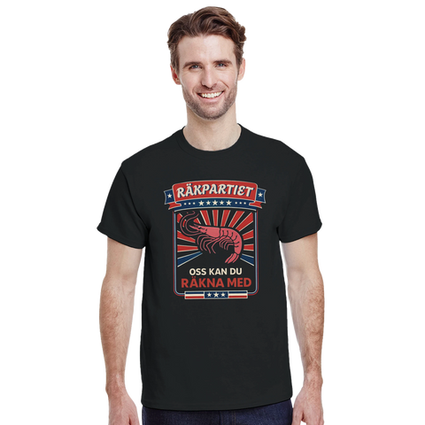 Räkpartiet logotyp och slogan Oss kan du räkna med på svart t-shirt