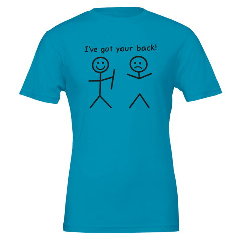 Grafiskt humortryck med ordvits och stickmans på blå t-shirt
