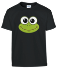 Kermit-inspirerat tecknat grodansikte med stora ögon och leende på svart barn-t-shirt.