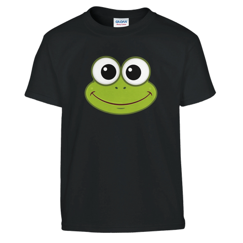 Kermit-inspirerat tecknat grodansikte med stora ögon och leende på svart barn-t-shirt.