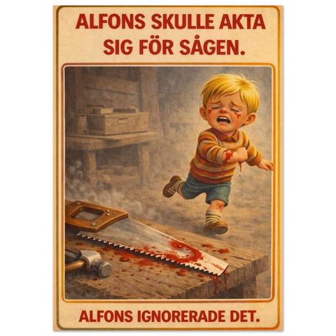 Alfons Åberg-parodi, gråtande Alfons med blodigt sår, blodig såg på träbord, text "ALFONS SKULLE AKTA SIG FÖR SÅGEN. ALFON...