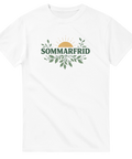 Grafiskt naturmotiv med soluppgång och gröna blad – stilren t-shirt