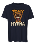 Mörkblå t-shirt med en provokativ och flinande hyena-design