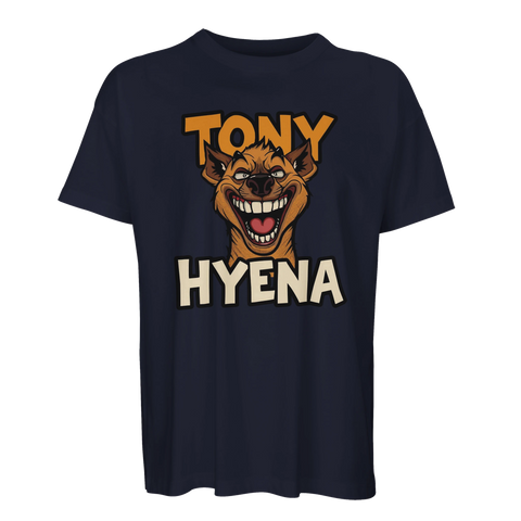 Mörkblå t-shirt med en provokativ och flinande hyena-design