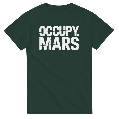 Industriell typografi med Occupy Mars motiv på mörkgrön t-shirt