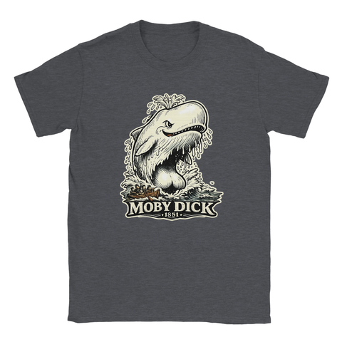 Nostalgisk och kraftfull t-shirt med motiv av valen Moby Dick på grå bakgrund