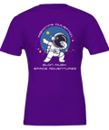 Dabbande astronaut i rymden, texten "Rebooting Civilisation Elon Musk Space Adventures" på lila t-shirt.