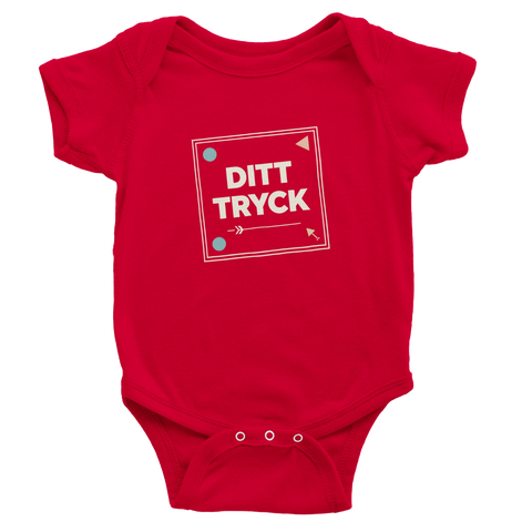 Röd babybody med stilren ram och pilar för kundanpassat motiv