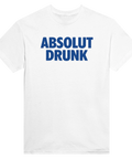 Minimalistiskt Absolut Drunk tryck i blått på en vit t-shirt