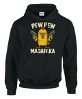 Hoodie med Pew Pew Madafaka och tecknad kyckling